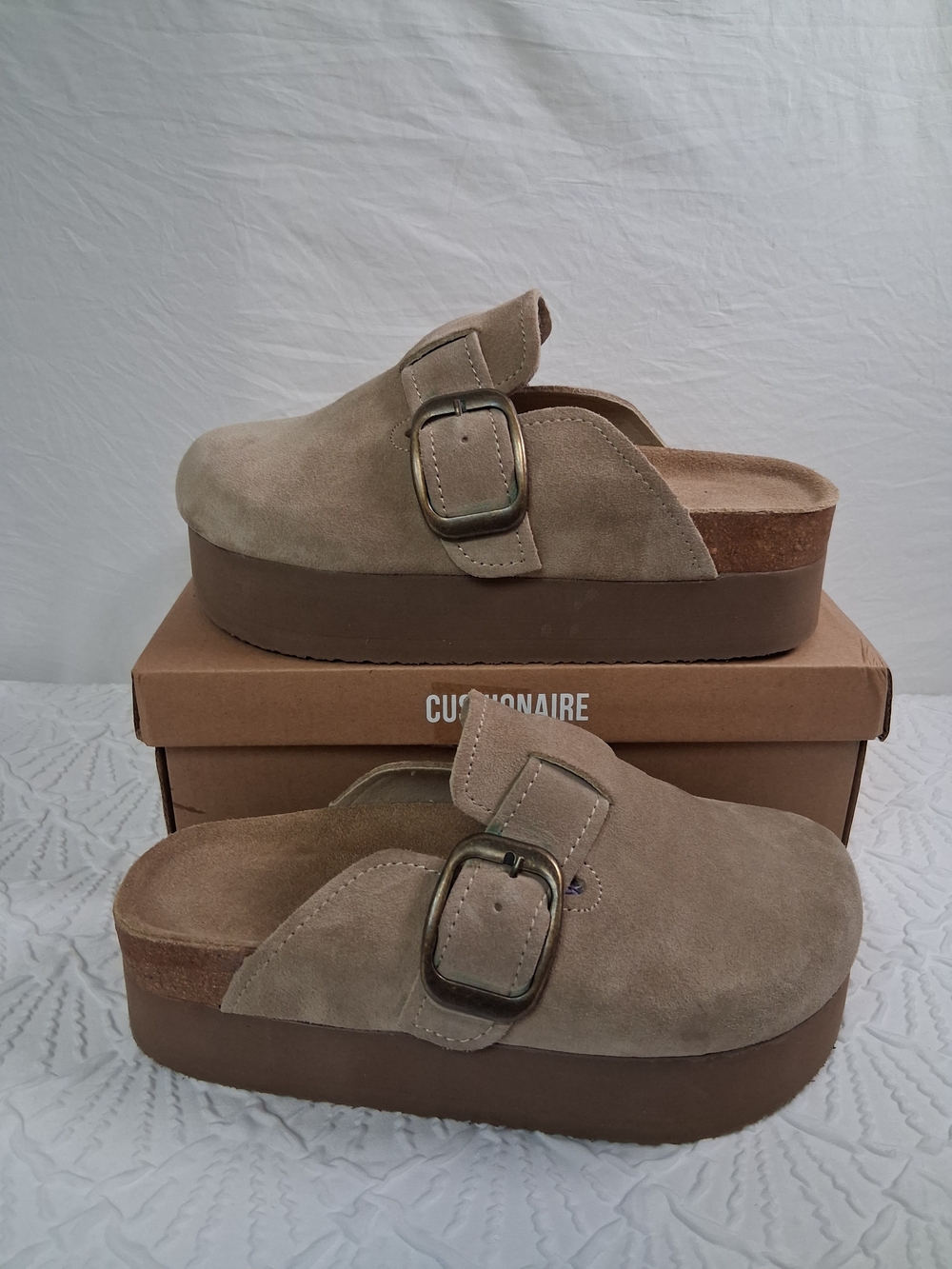 Cushionaire New Platform Suede Mule with Buckle in Taupe - Picture 1 of 17